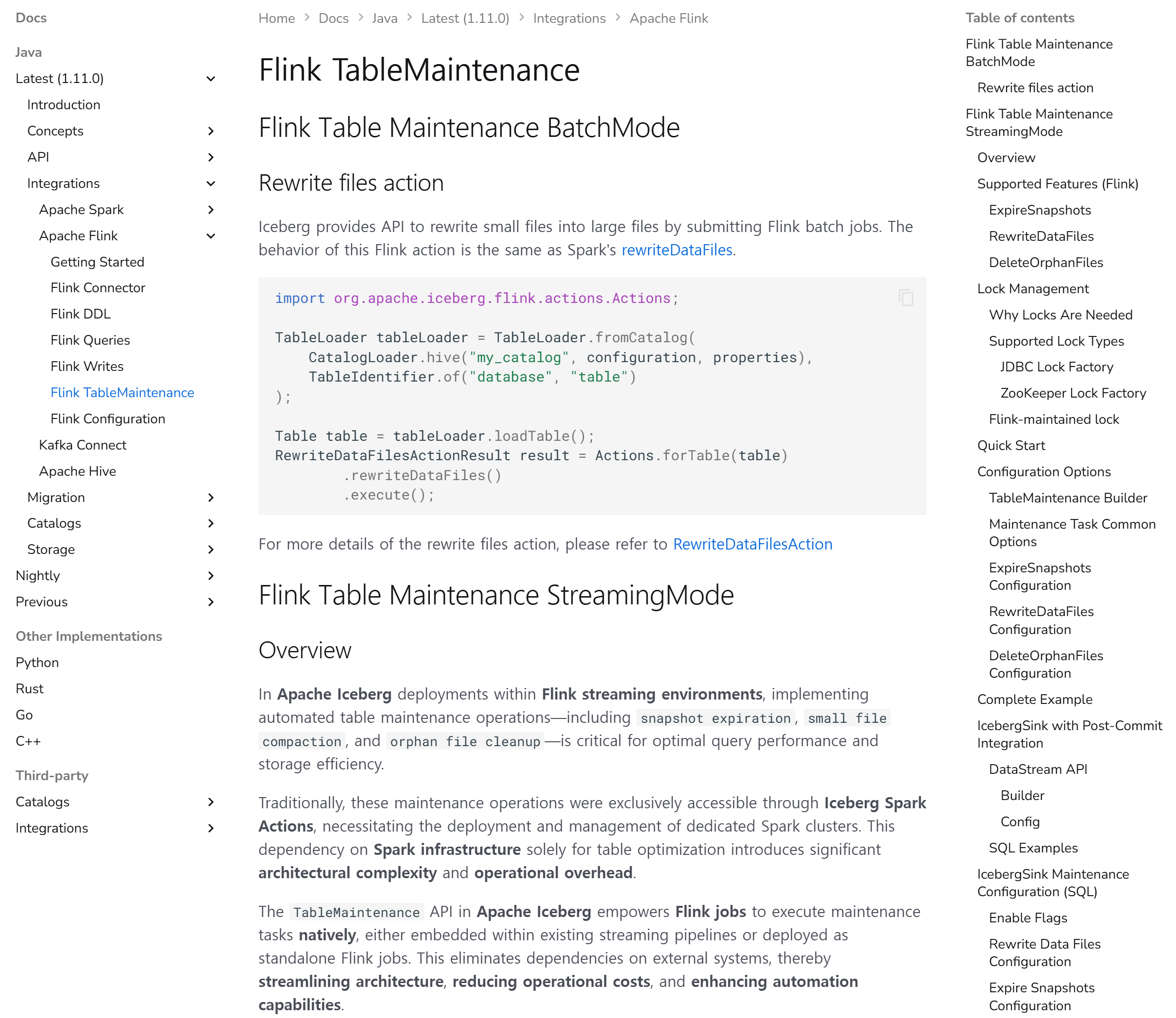 최종 머지된 Flink TableMaintenance 문서. 오른쪽 목차에 BatchMode 와 StreamingMode 아래로 정리된 구조가 보인다.