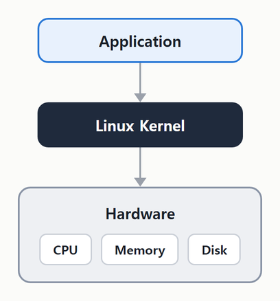 Application 이 Linux Kernel 을 거쳐 CPU, Memory, Disk 가 있는 Hardware 를 쓴다.