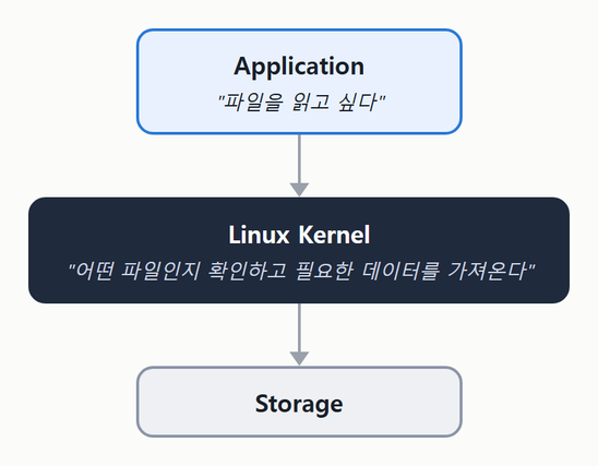 Application 은 파일을 읽고 싶다고만 하고, Kernel 이 어떤 파일인지 확인해 Storage 에서 데이터를 가져온다.