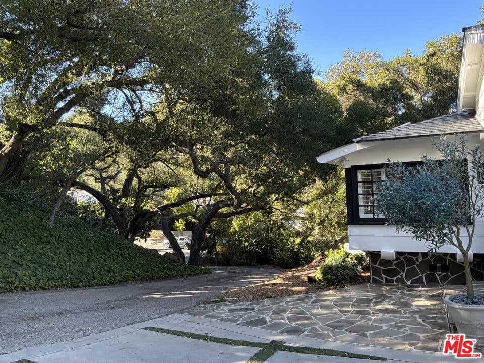 Driveway with mature oaks and stonework, 16822 Escalon Dr