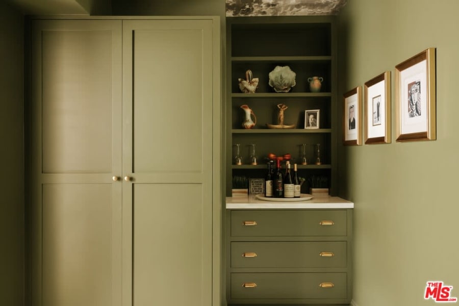 Green built-in bar with open shelving, 16822 Escalon Dr