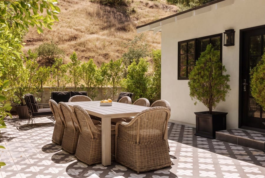 Patio dining table on patterned tile, 16822 Escalon Dr