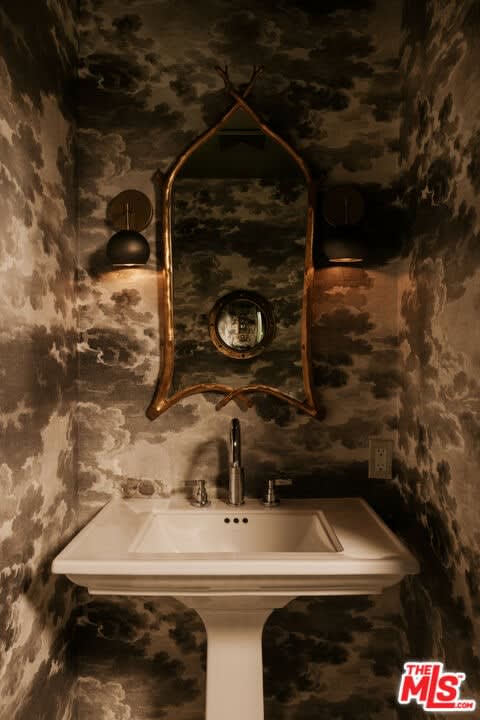 Powder room with cloud wallpaper, 16822 Escalon Dr