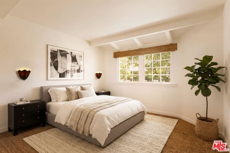 Bedroom with beamed ceiling and fiddle-leaf fig, 16822 Escalon Dr