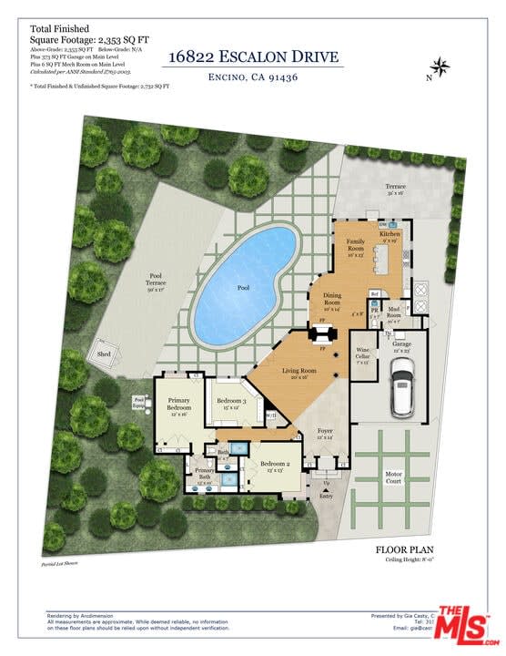 Floor plan with pool and terrace, 16822 Escalon Dr