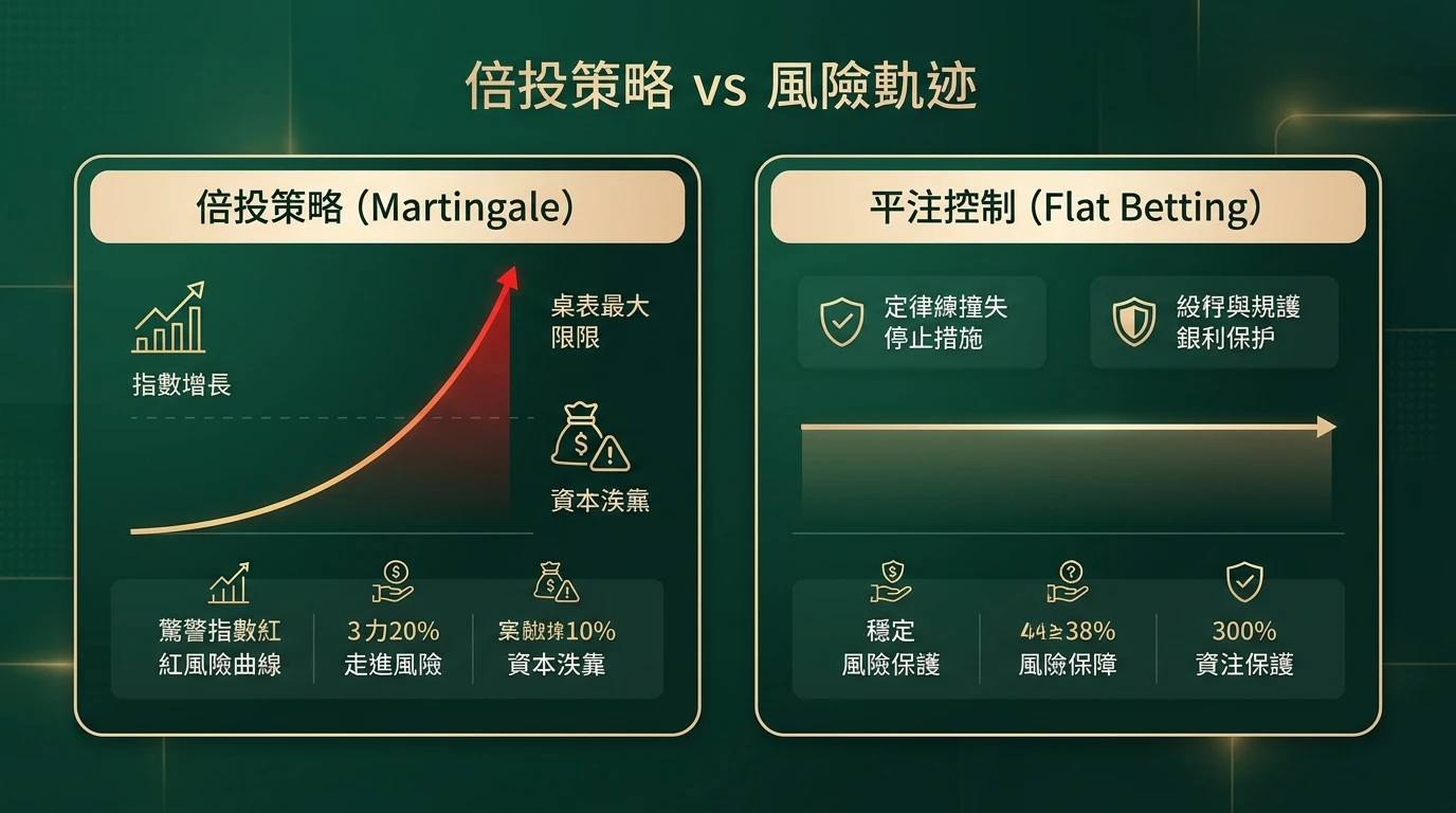 百家樂倍投與平注法風險比較圖
