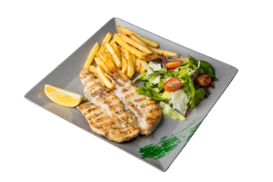 Filetto di pollo alla griglia con patatine fritte e mix di insalate fresche