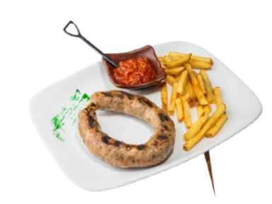 Salsiccia di Bansko con relish fatto in casa e patatine fritte