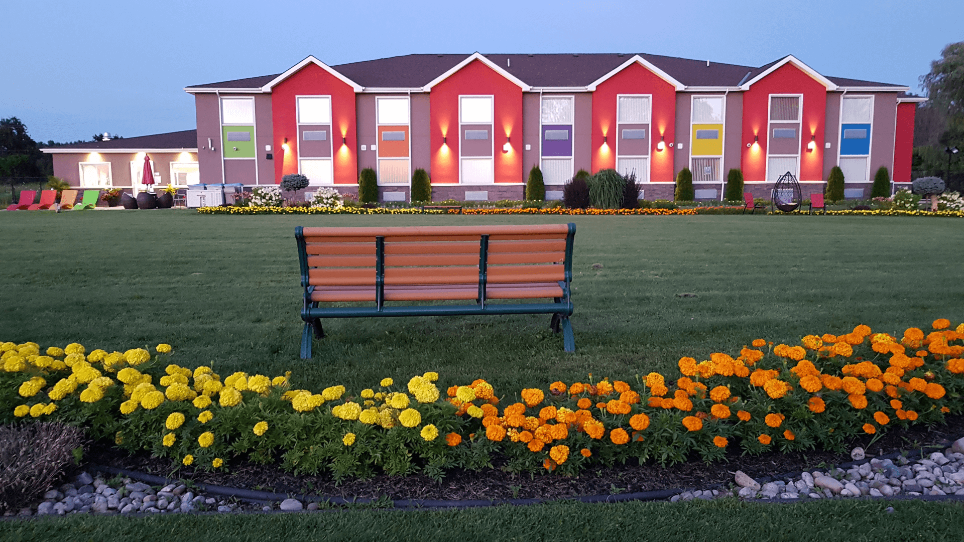 outdoor view of inn at dusk