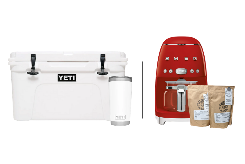 contest box showing yeti cooler, gift cards and water bottle