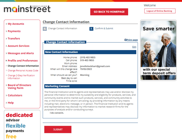 Online Banking - Change Contact Information Submission