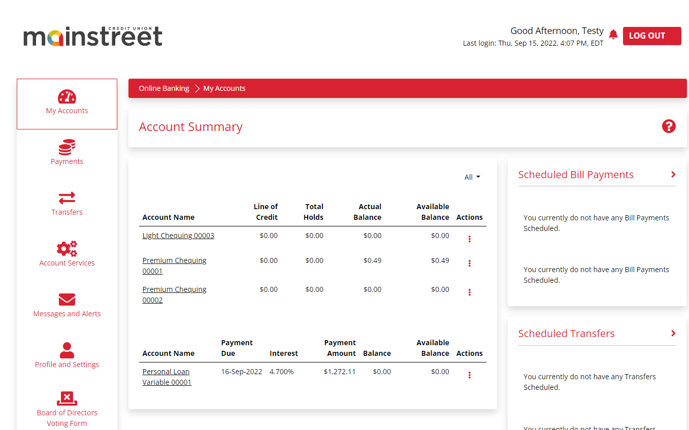 screenshot of Accounts Summary screen in Mainstreet Online