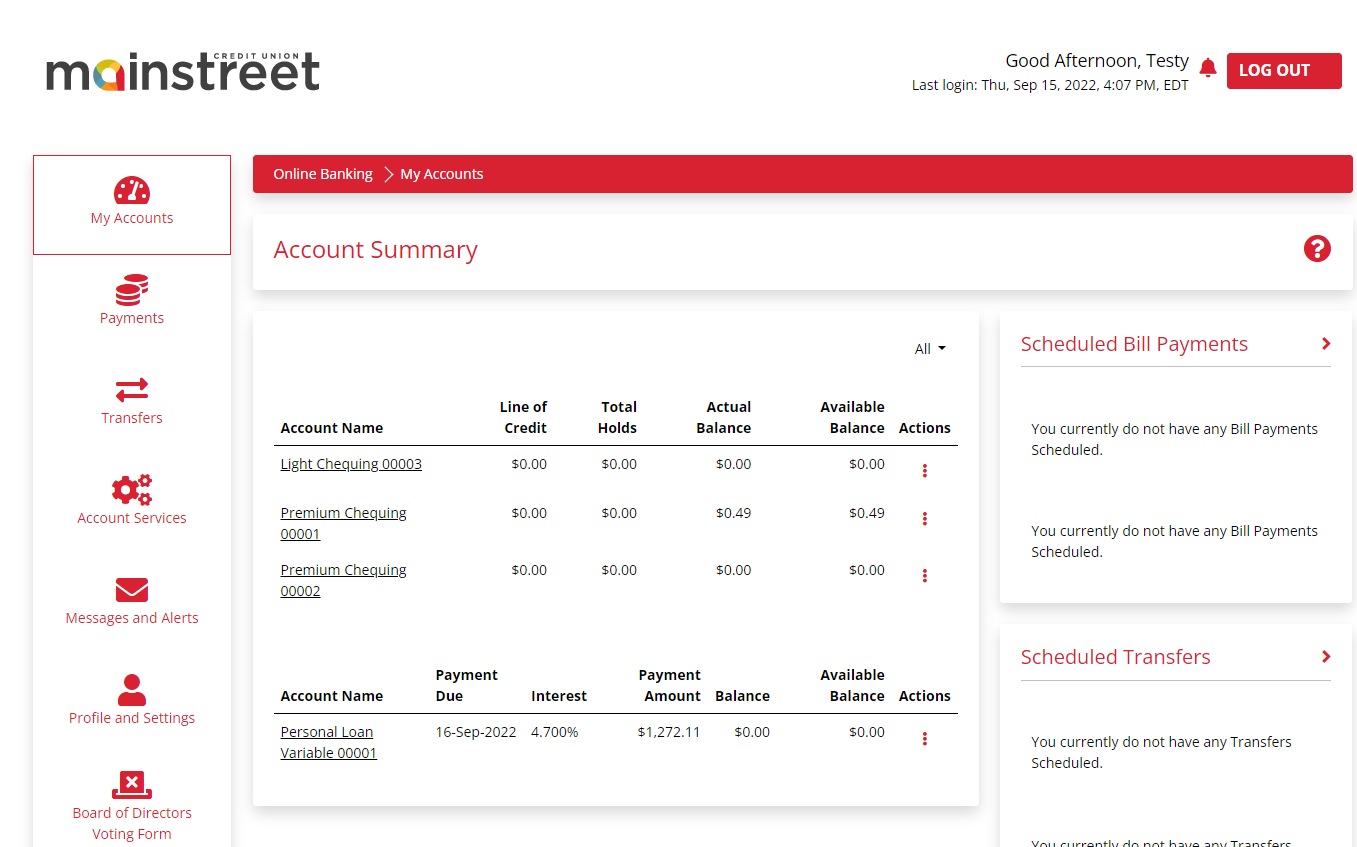 screenshot of Accounts Summary screen in Mainstreet Online 