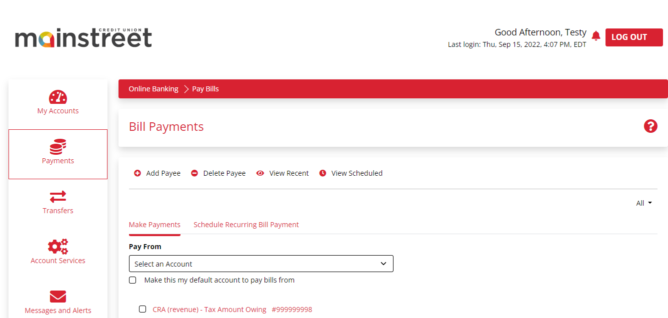 screenshot of Bill Payments screen in Mainstreet Online