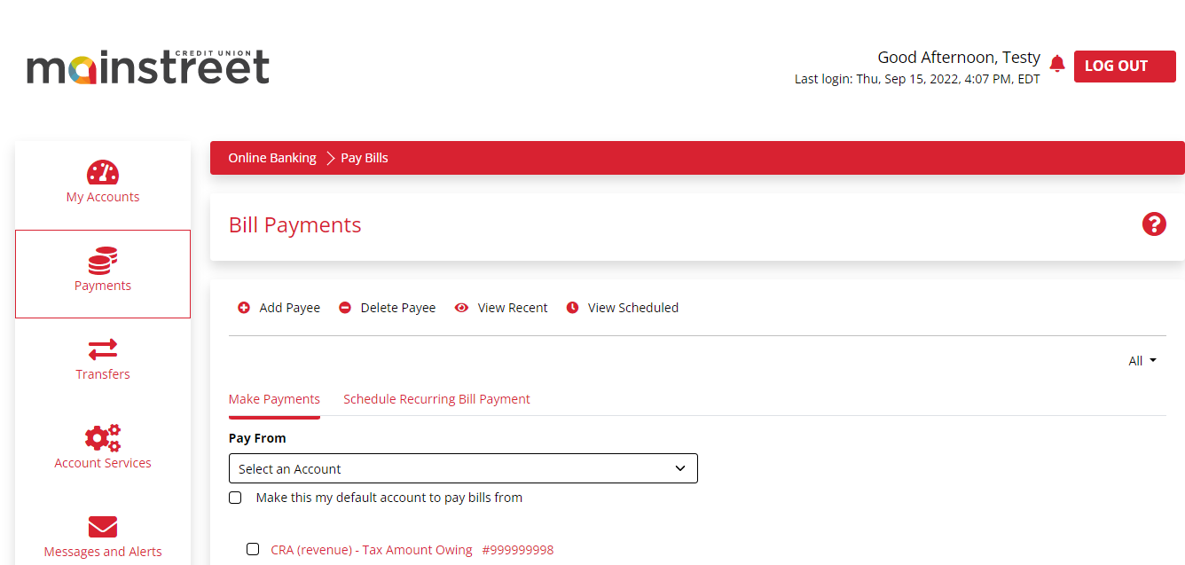 screenshot of Bill Payments screen in Mainstreet Online 