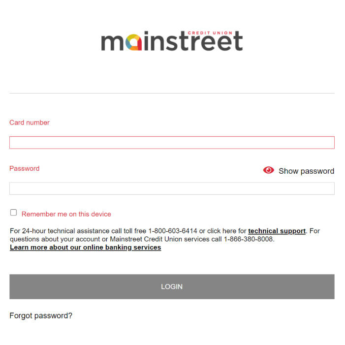 screenshot of Mainstreet banking login portal with 'Forgot Password?' link