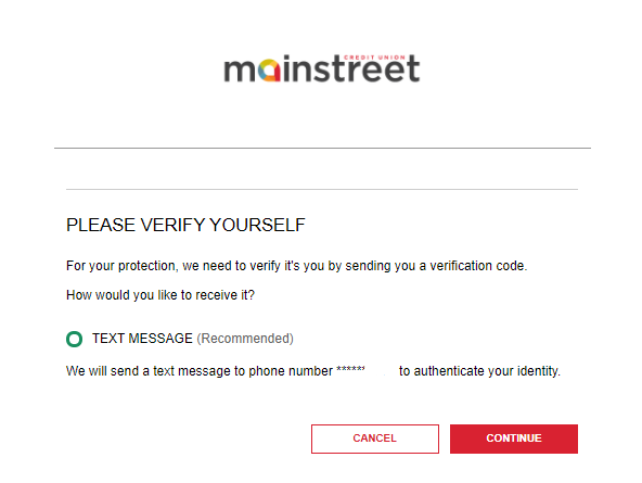 screenshot of Mainstreet banking login portal 2-step verification