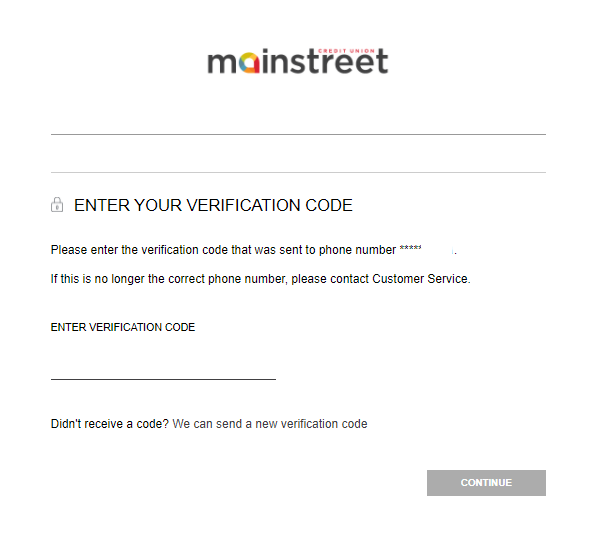 screenshot of Mainstreet banking login portal entering your verification code