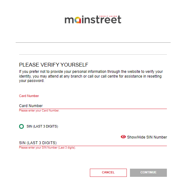 screenshot of Mainstreet banking login portal verification screen with Card Number and SIN