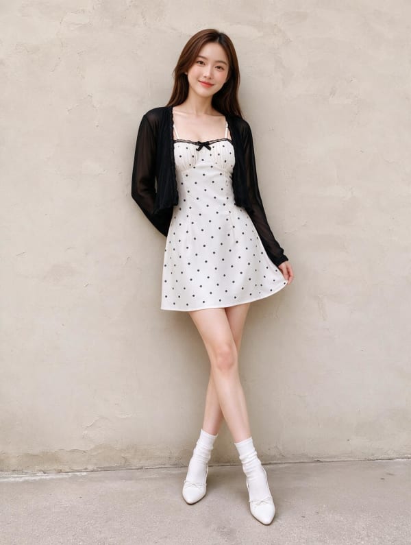 Váy Chấm Bi Viền Ren Kèm Áo Cardigan Layer