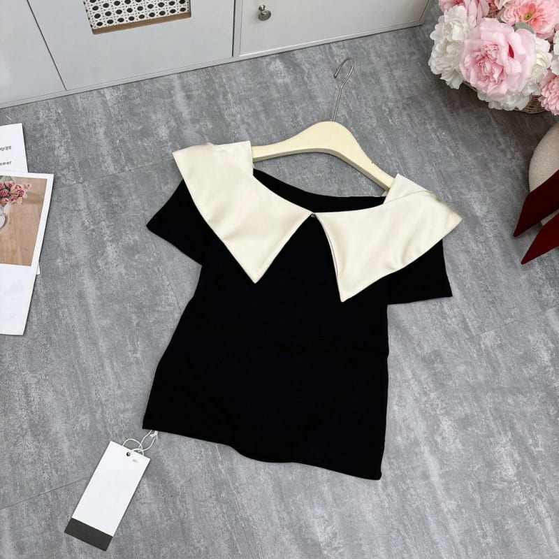 Áo thun bo zip phối cổ lụa