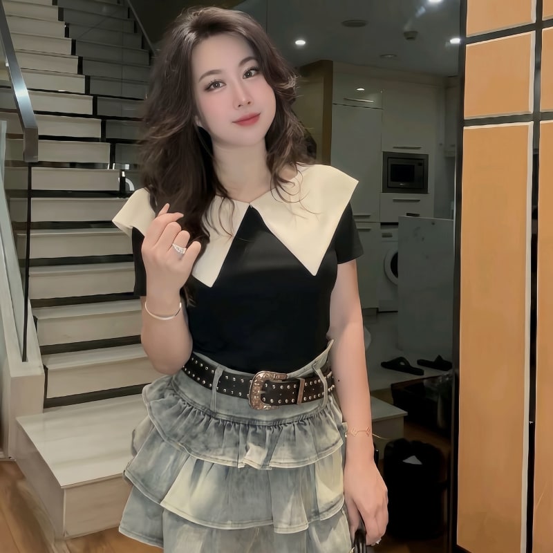 Áo thun bo zip phối cổ lụa