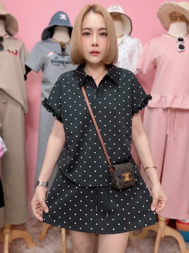 Set chấm bi thun cổ bẻ