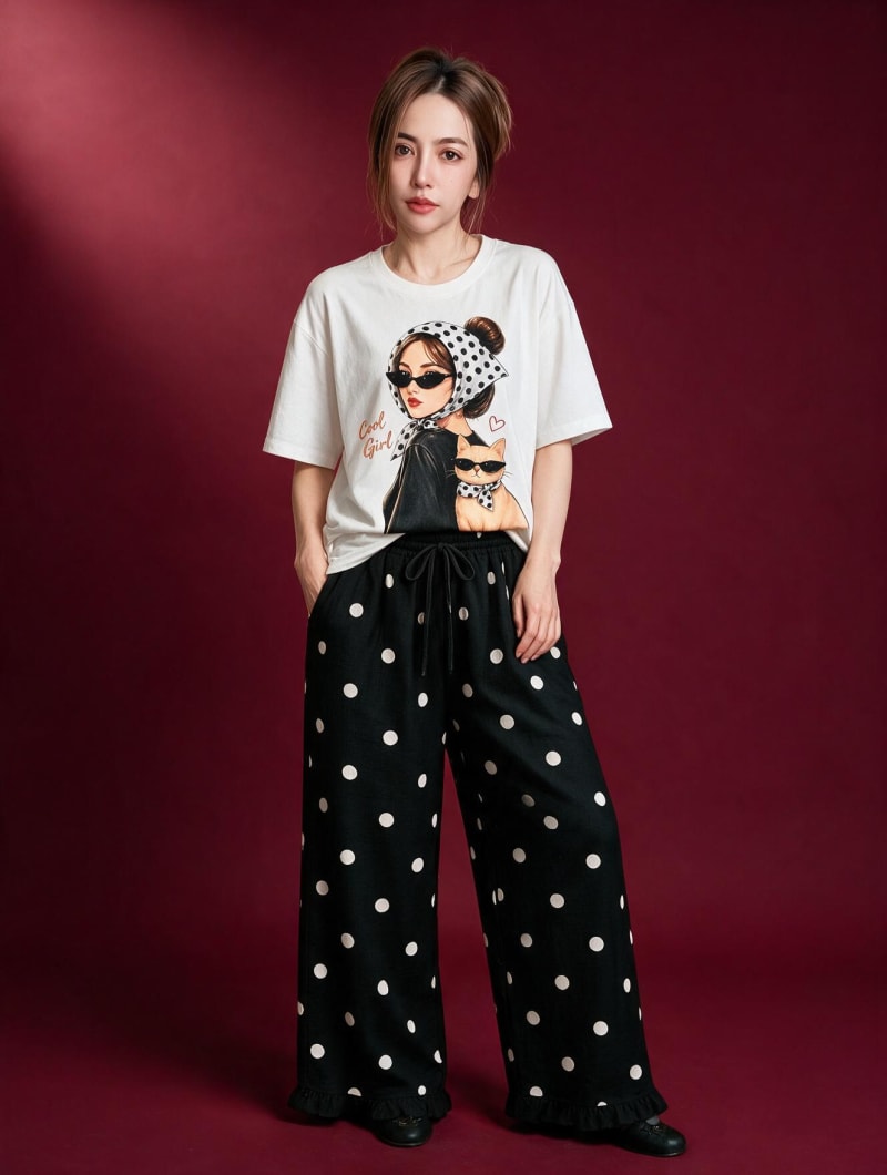 Set Áo Thun In Phối Quần Chấm Bi