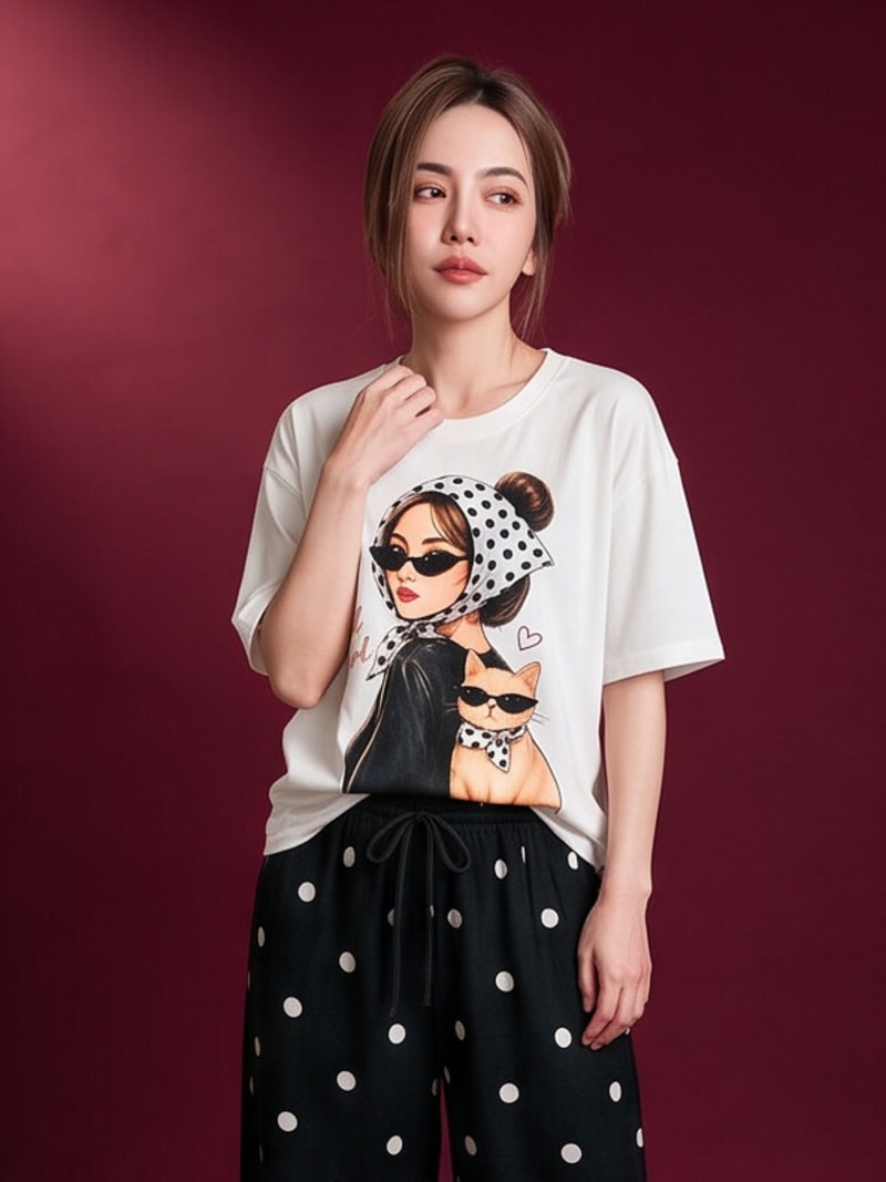 Set Áo Thun In Phối Quần Chấm Bi