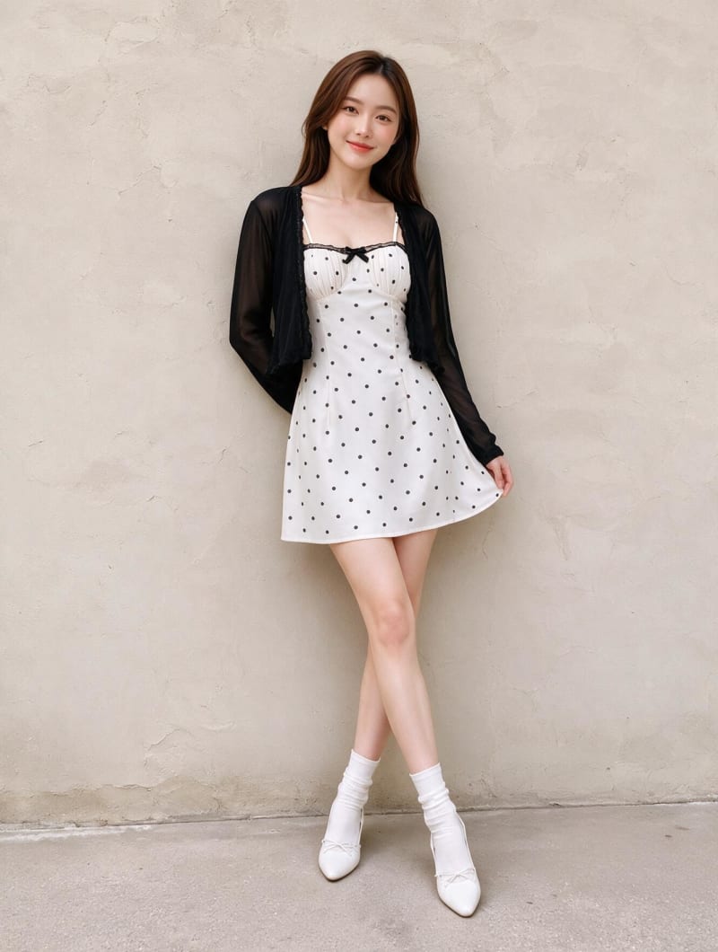Váy Chấm Bi Viền Ren Kèm Áo Cardigan Layer