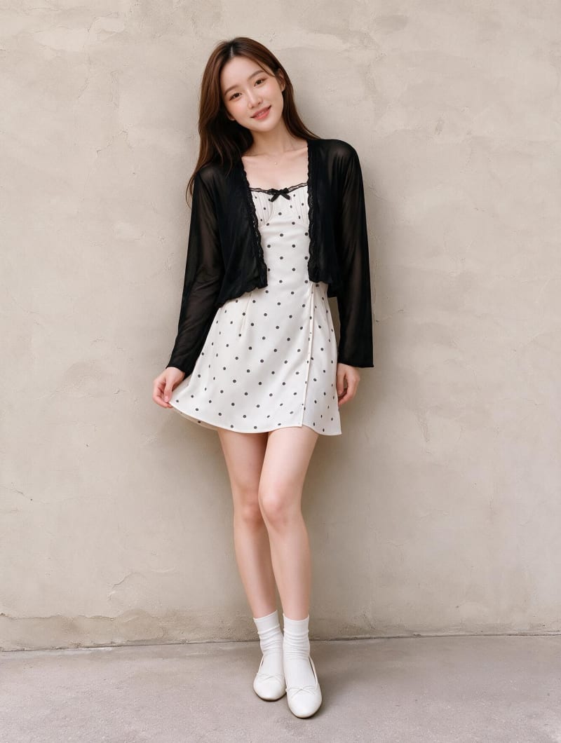 Váy Chấm Bi Viền Ren Kèm Áo Cardigan Layer