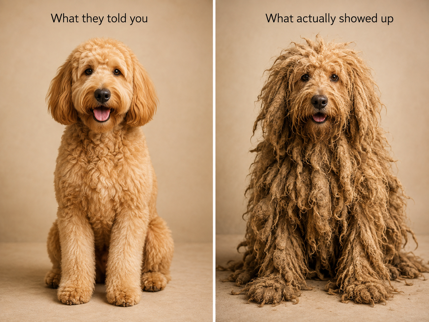 Confronto: come te lo avevano descritto vs come e' arrivato — doodle pulito a sinistra, stesso cane infeltrito a destra