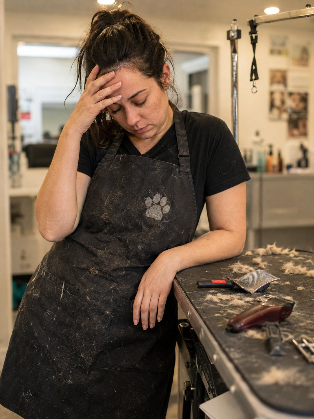 Groomer stanca appoggiata al tavolo da toelettatura a fine giornata