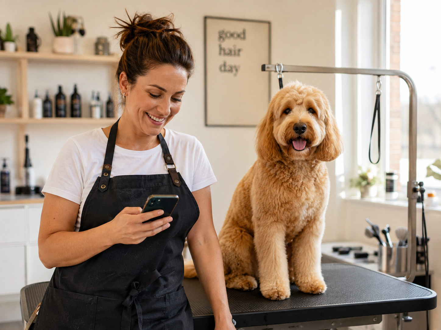 Groomer serena che controlla il telefono accanto a un doodle appena toelettato