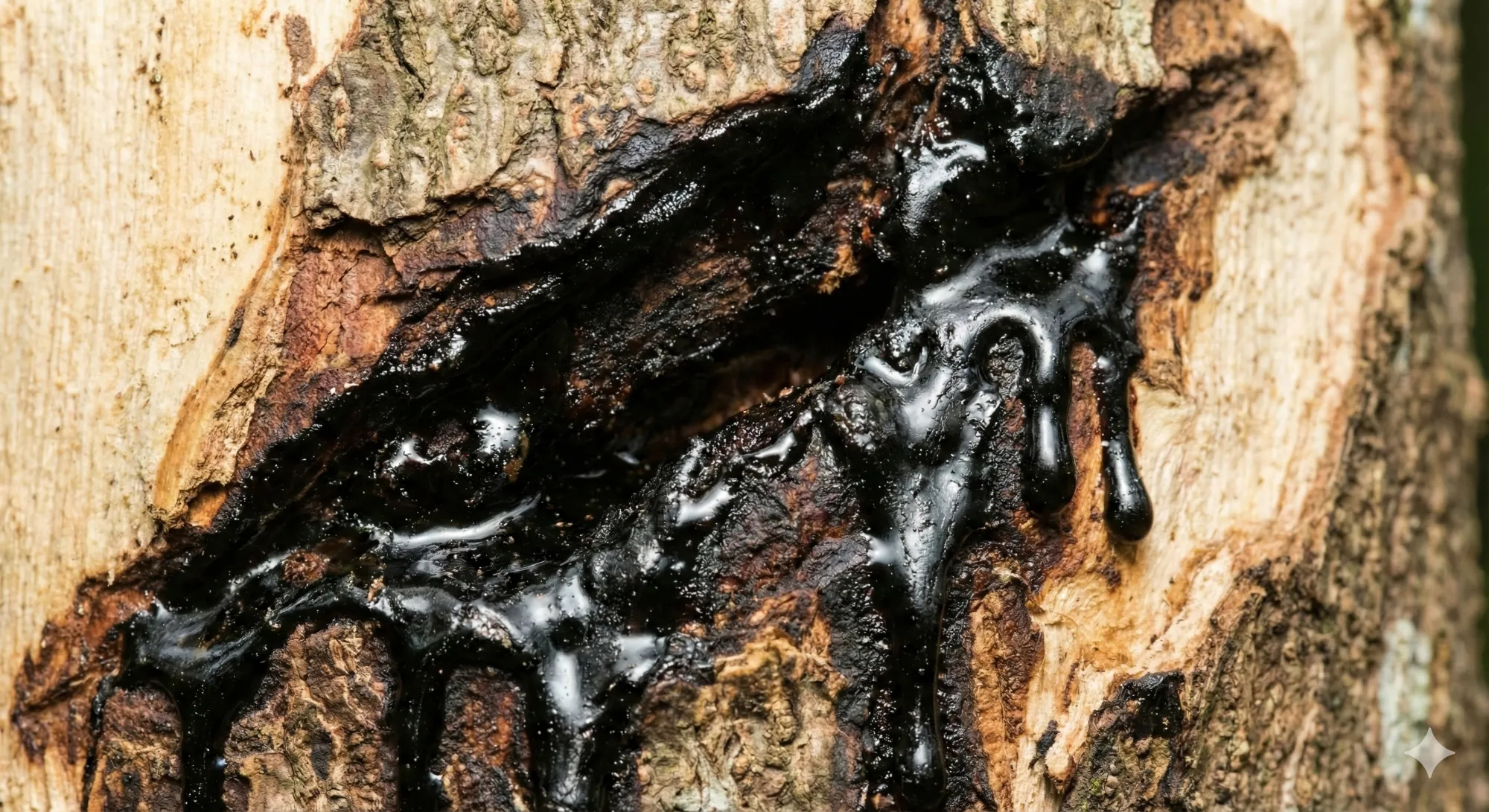 The appearance of black resin accumulating at the wound site