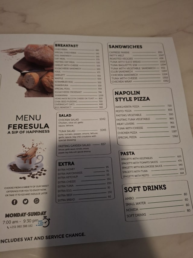 The menu at Feresula Coffee