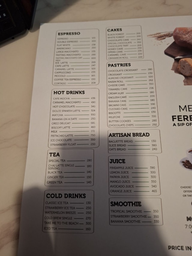 The menu at Feresula Coffee