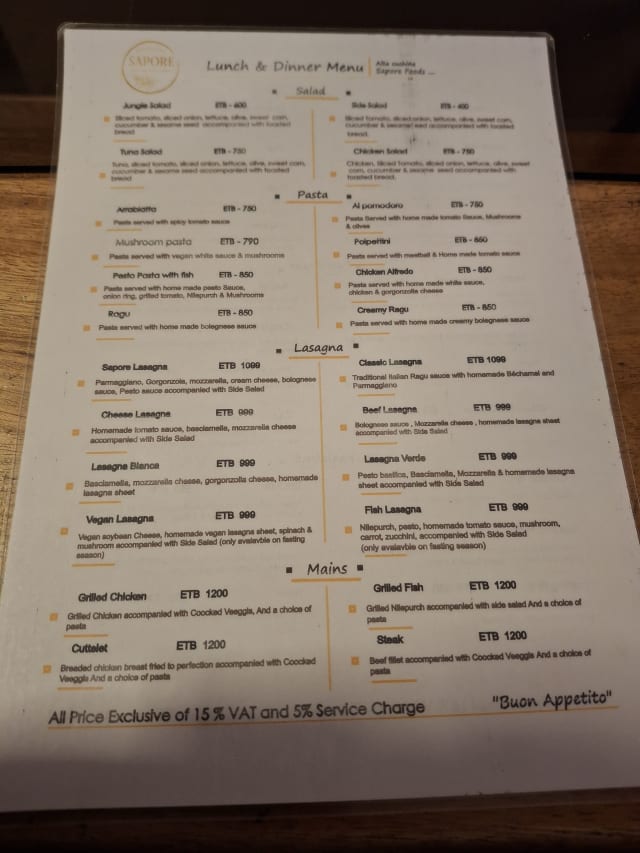 The menu at Sapore Restaurant
