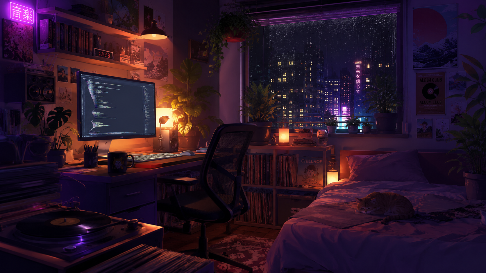 Lofi cafe rainy window wallpaper