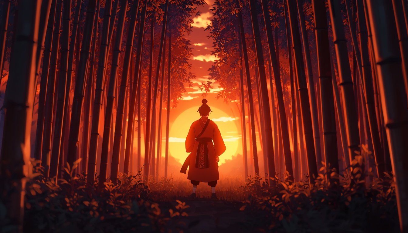 Anime samurai bamboo forest sunset wallpaper