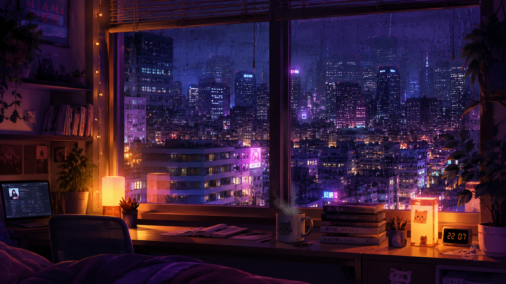 Lofi apartment city window night 4K wallpaper