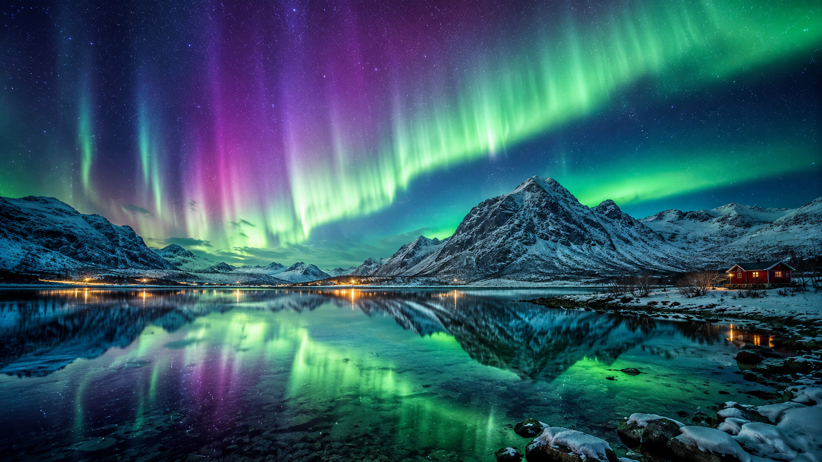Northern lights aurora borealis mountain lake 4K wallpaper