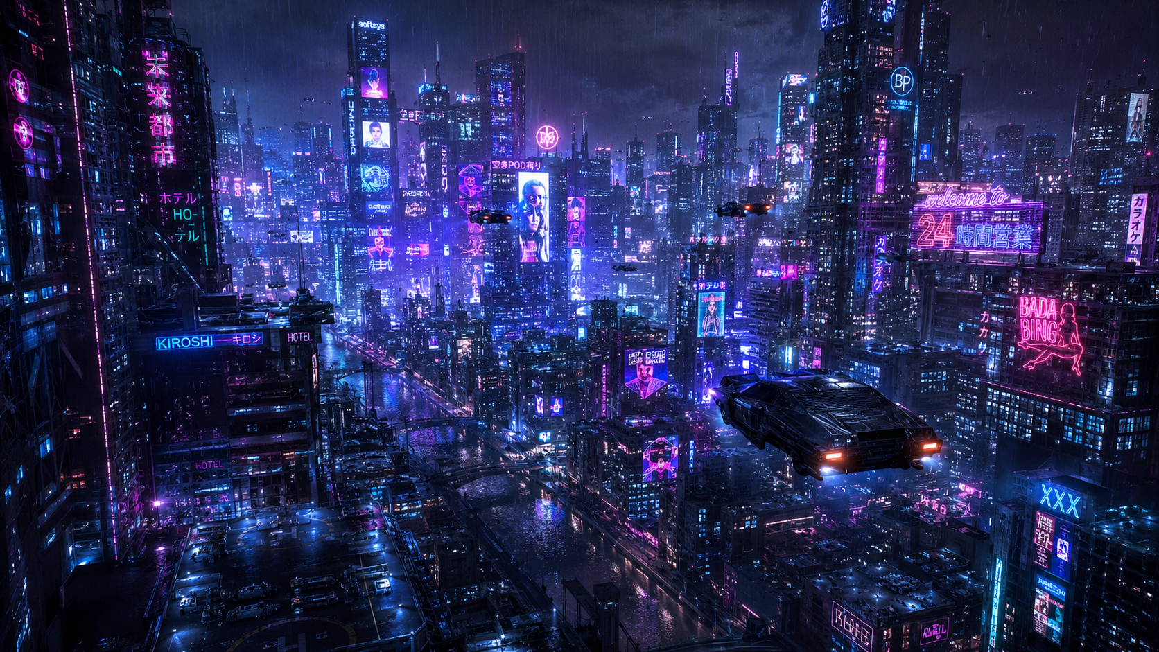 Cyberpunk futuristic megacity aerial neon 4K wallpaper