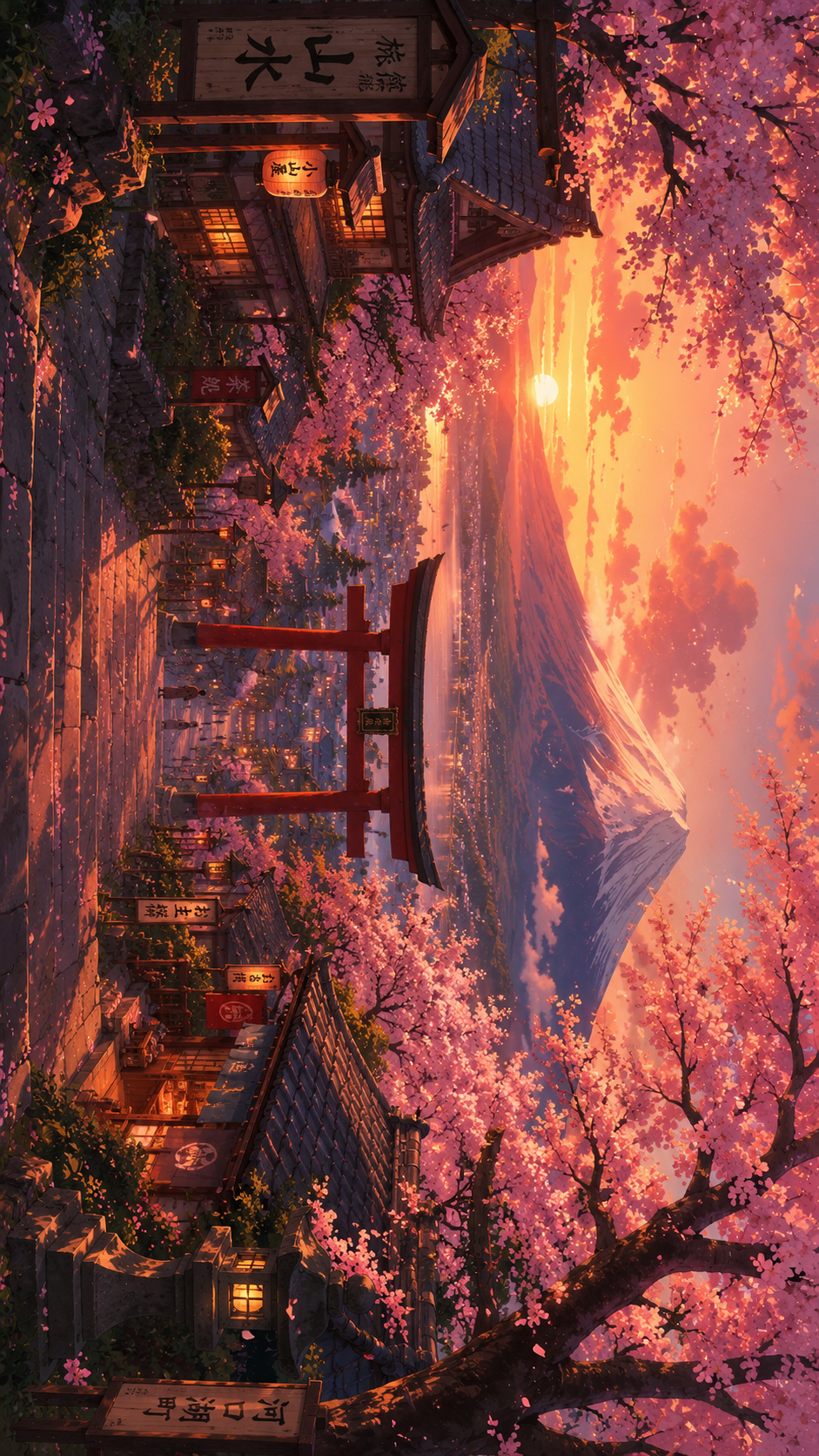 Anime Japanese village Mount Fuji cherry blossom 4K wallpaper