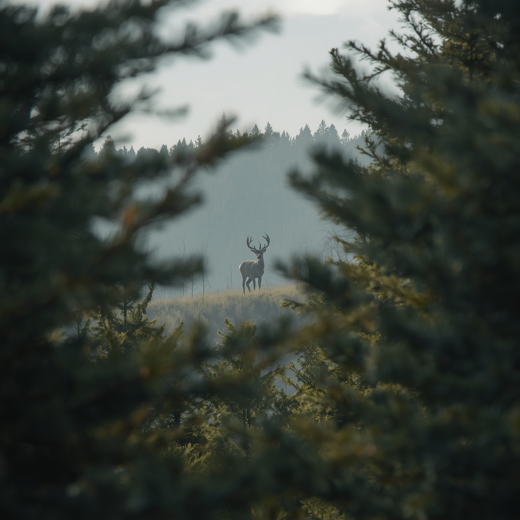 Misty Pine Forest — Deer Silhouette 4K wallpaper