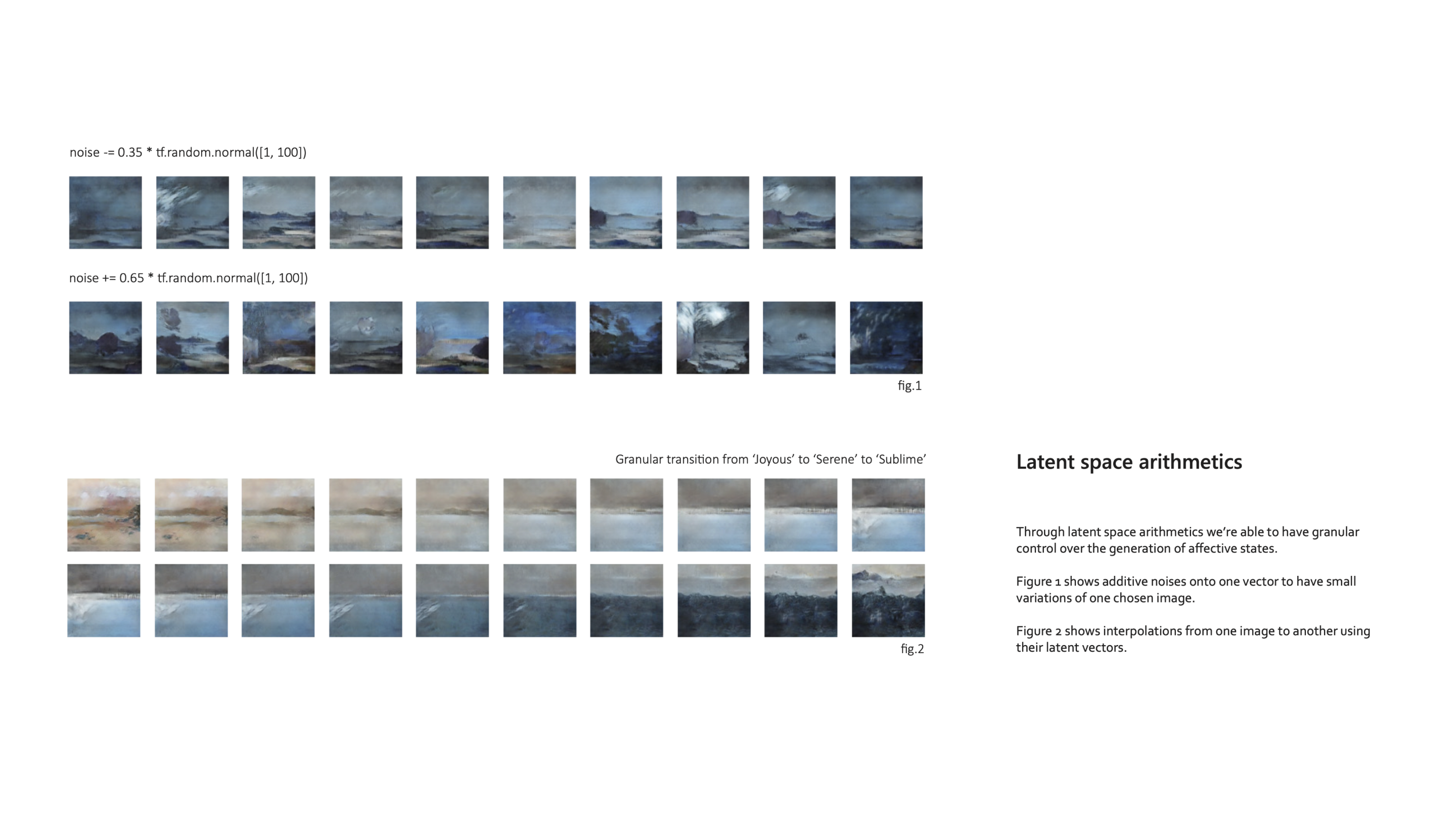 Latent space arithmetic: small and large variations from one vector, and an interpolation between two