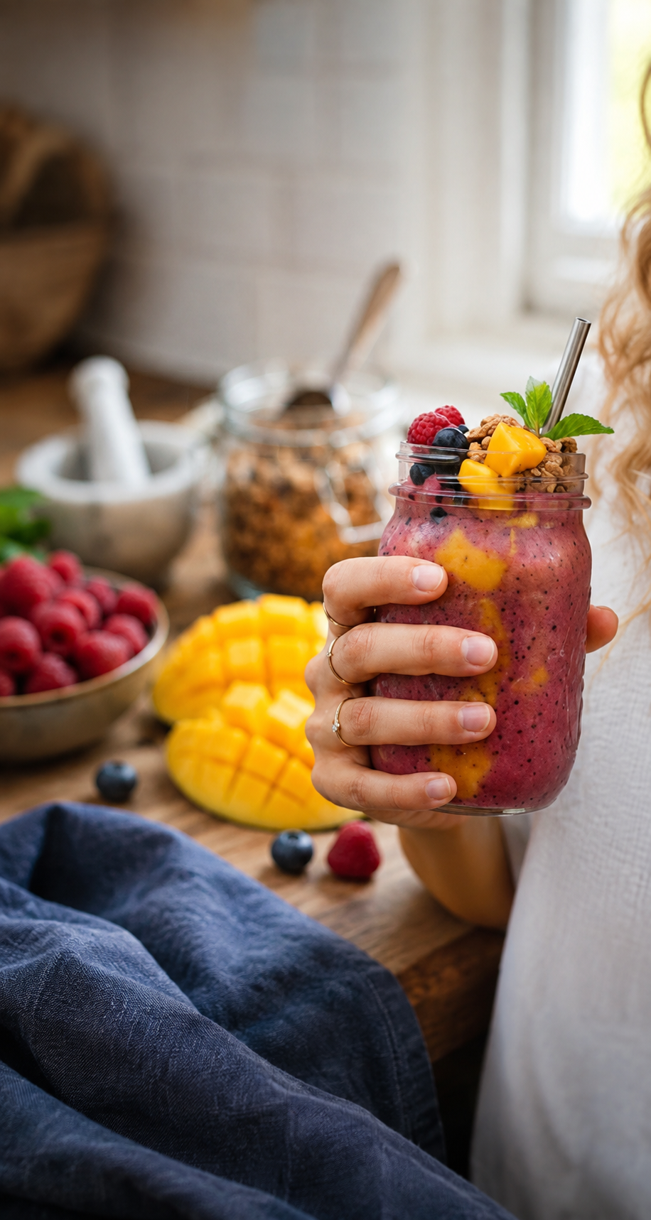 Fresh smoothie bowl held by hand, surrounded by fresh fruit