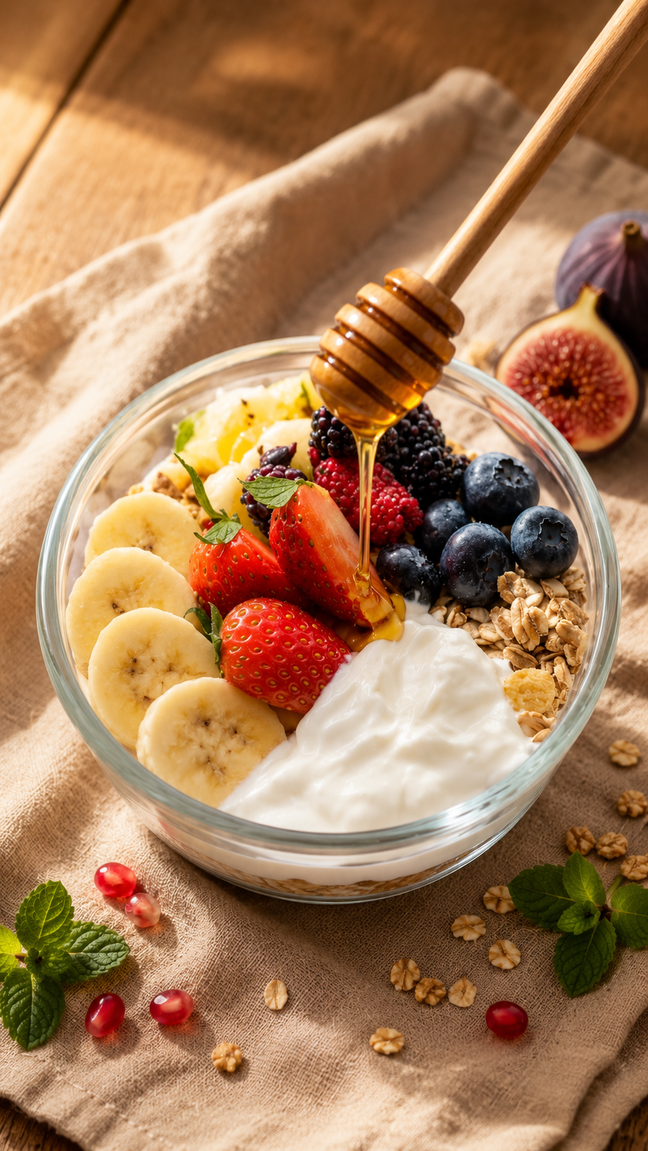 Fresh smoothie bowl held by hand, surrounded by fresh fruit