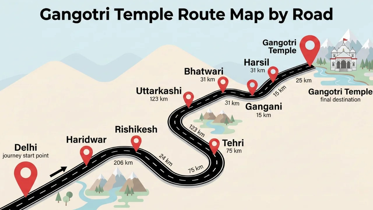 Route map from Uttarkashi to Gangotri Dham