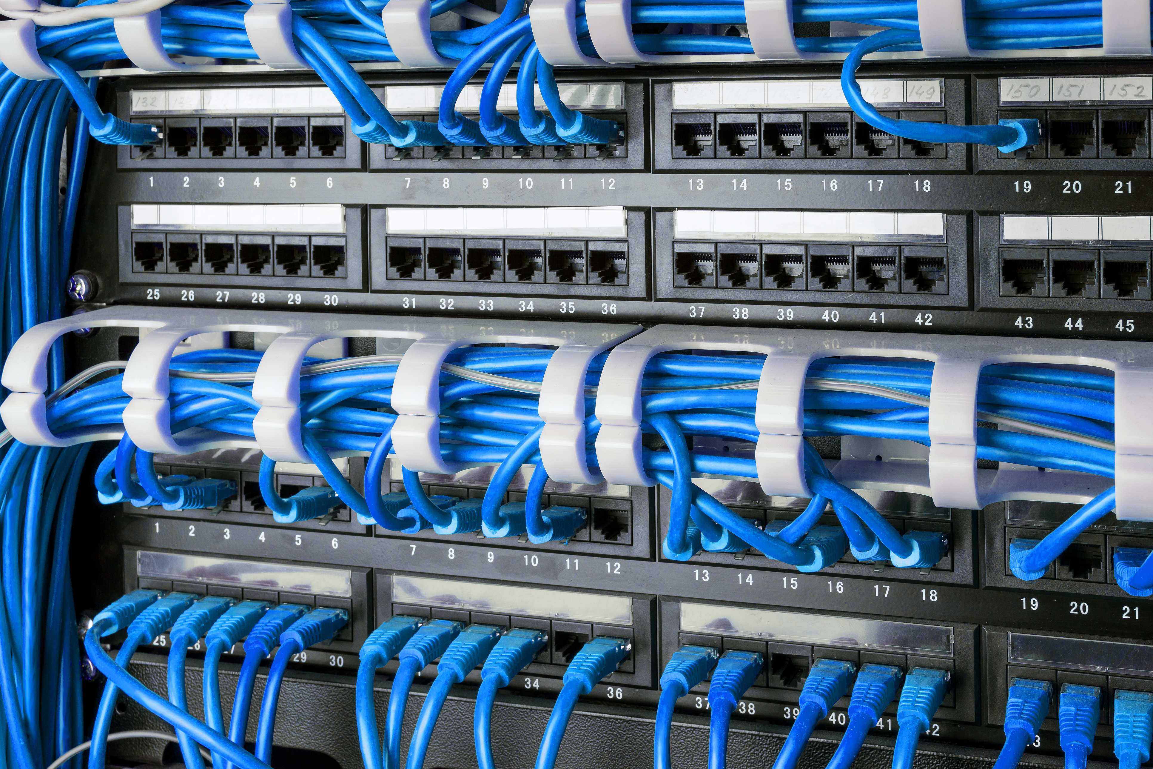 Bright blue network cables are neatly organized in the foreground, connecting to a rack of ports in the background.